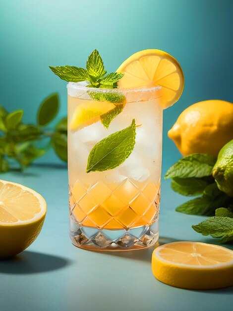 Create a stunning 8K ultra realistic cocktail photograph featuring mojto with lemon beautifully dec