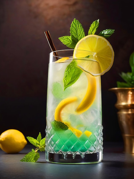 Create a stunning 8K ultra realistic cocktail photograph featuring mojto with lemon beautifully dec