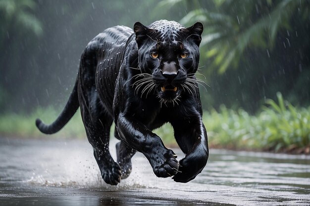 Create stunning image of a black panther running in the rain side photo beautiful panther detailed gothic style