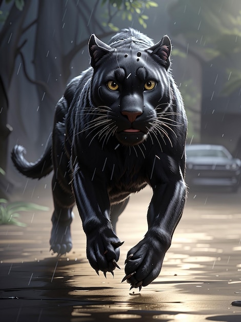 Photo create stunning image of a black panther running in the rain side photo