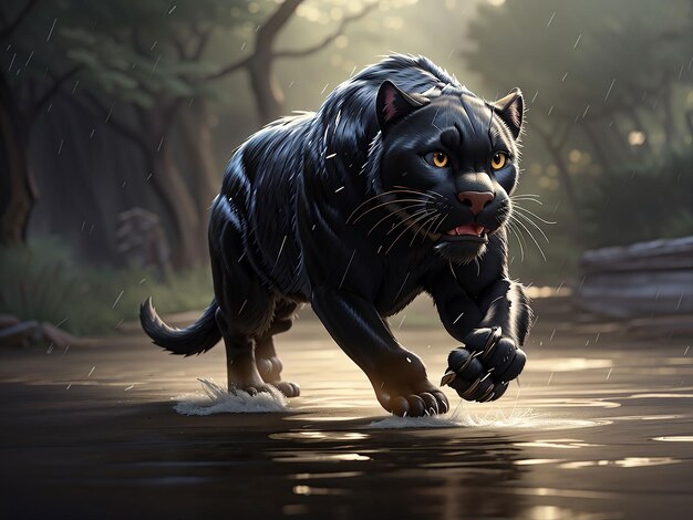 Photo create stunning image of a black panther running in the rain side photo