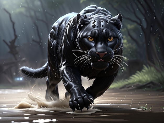 Photo create stunning image of a black panther running in the rain side photo