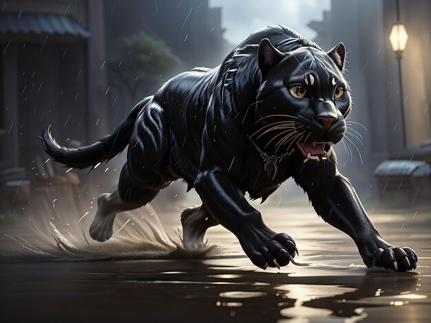 Create stunning image of a black panther running in the rain side photo