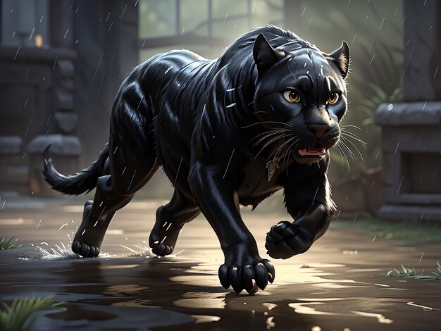 Photo create stunning image of a black panther running in the rain side photo