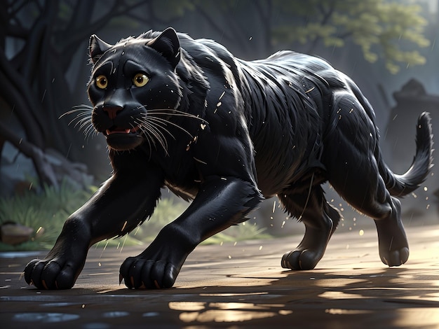 Фото Создайте потрясающее изображение черной пантеры, бегущей по дождливой стороне