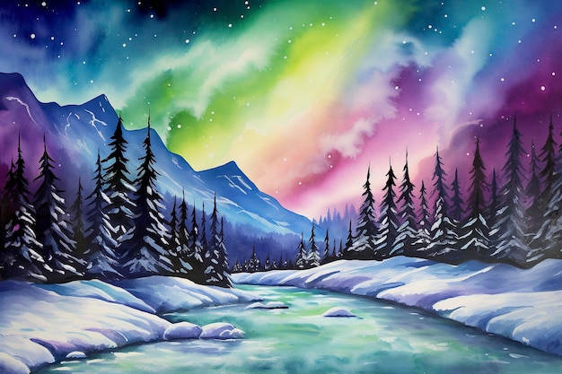 Create a stunning watercolor painting that captures the ethereal beauty of the Northern Lights