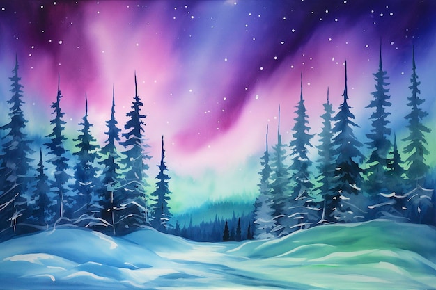 Create a stunning watercolor painting that captures the ethereal beauty of the Northern Lights