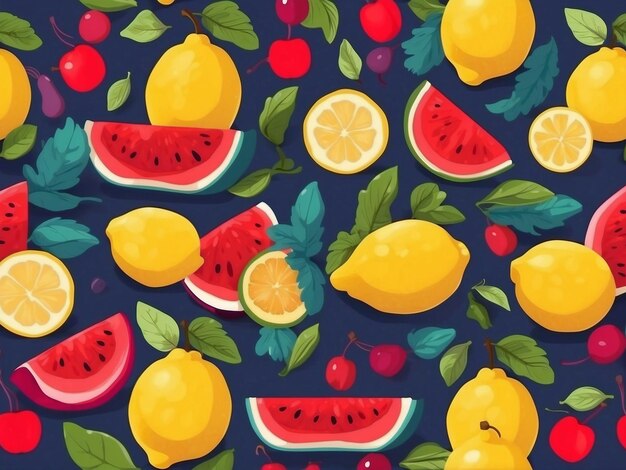 Create a Trendy vector seamless pattern lemon watermelon Grapes tree pattern background