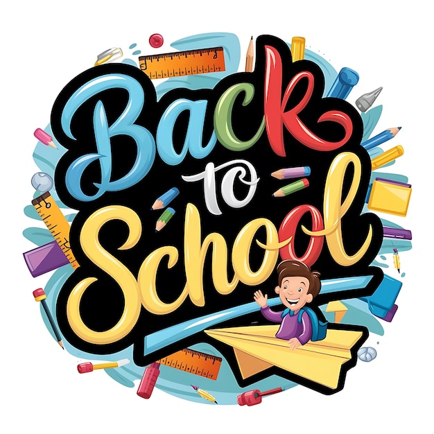создать типографию каллиграфию дизайн Back To School красочный векторный стиль, окруженный масштабом