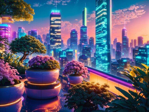 Photo create a vaporwaveinspired artwork depicting a serene rooftop garden in the middle of a futuristic