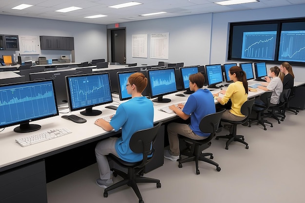 Create a vector graphic of students analyzing data on computers in a technologyequipped lab