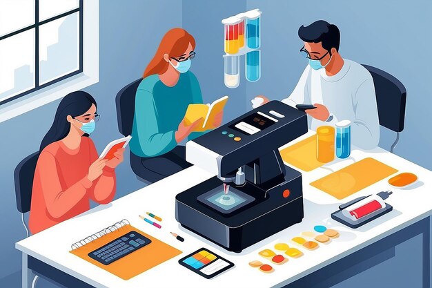 Photo create a vector graphic of students using a spectrophotometer to analyze substancesvector illustration in flat style