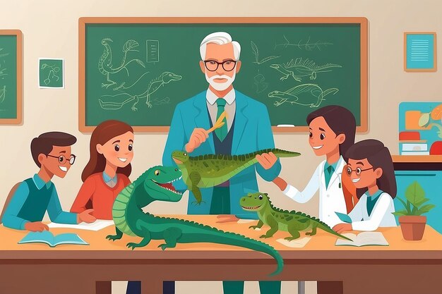 Photo create a vector graphic of a teacher guiding students through the anatomy of various reptiles vector illustration in flat style