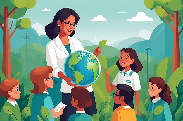 Create a vector graphic of a teacher guiding students through the principles of environmental conservation
