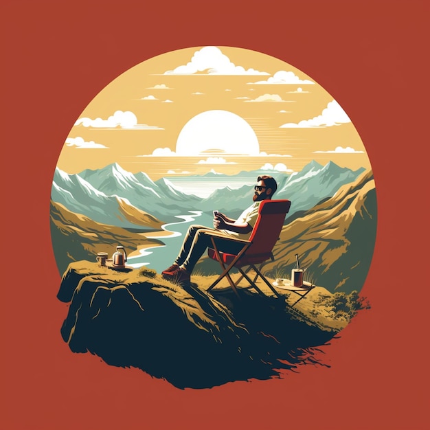 Create a vector logo of a person sitting in a chair drinking coffee in the hills