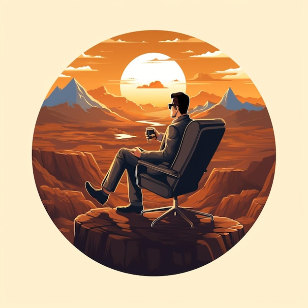 Create a vector logo of a person sitting in a chair drinking coffee in the hills