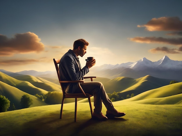 create a vector logo of a person sitting in a chair drinking coffee on the hills