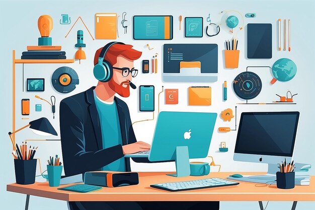 Create a vector of a person surrounded by gadgets for a techcentric home office