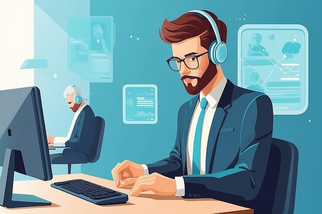 Create a vector of a person using technology to stay connected with coworkers