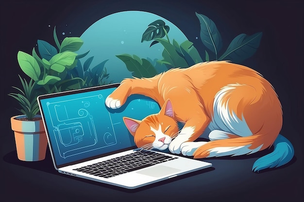 Create a vector of a pet sleeping next to a person working on a laptop