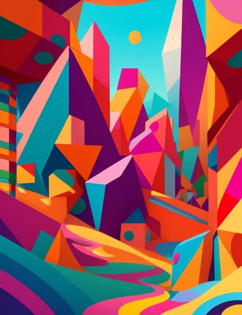 Create a vibrant abstract landscape of interlocking shapes and colors