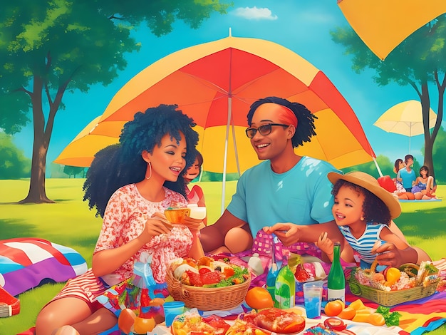 Create a vibrant colorful illustration of a family celebrating a happy Labor Day with a picnic in t