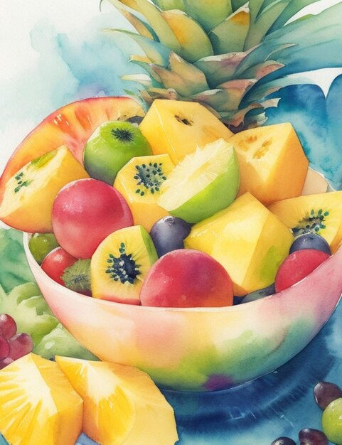 Create a vibrant and colourful watercolour painting of a tropical fruit bowl overflowing with mangoe