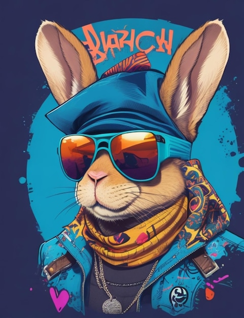 Create a vibrant vector illustration of a gangsterthemed rabbit with a graffitistyle phrase