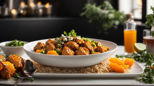 Create a visually stunning image of a vibrant stirfried orange chicken dish placed on an elegantly