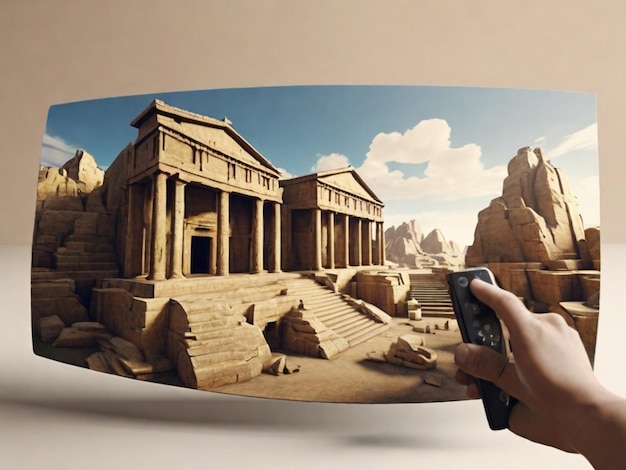 Create a VR mockup showcasing a virtual tour of ancient historical sites around the world