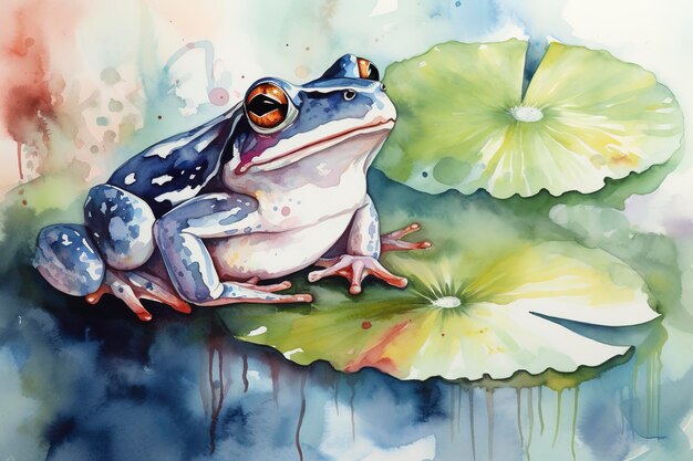 Создайте причудливую картину лягушки, сидящей на кувшинке, нарисуйте акварелью красивую естественную