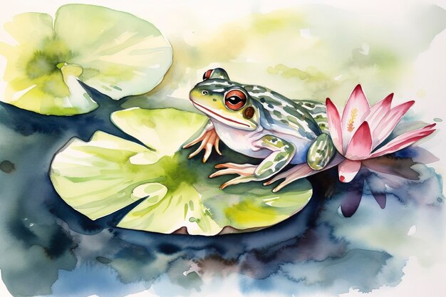 Create a whimsical painting of a frog sitting on a lily pad watercolor painting