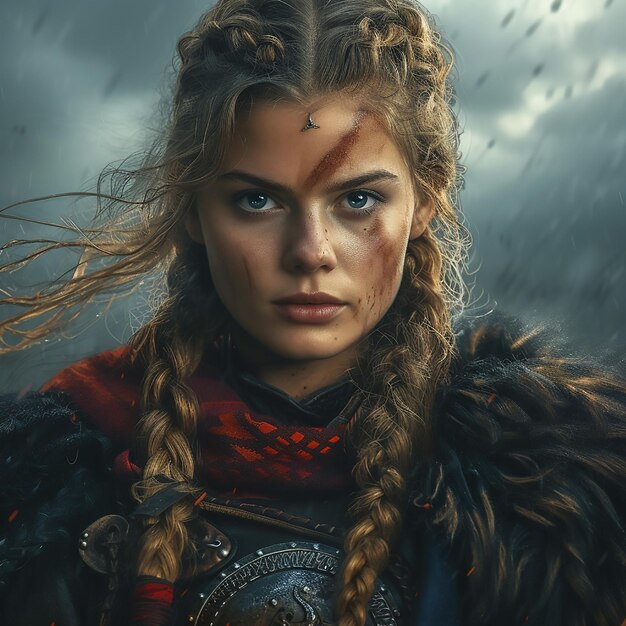 Create a wonderful iconic image of a Norse female warrior posing like riveting Rosie
