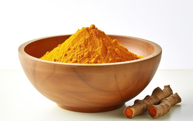 create a wooden bowl with curry powder with tumeric on the side on a white background