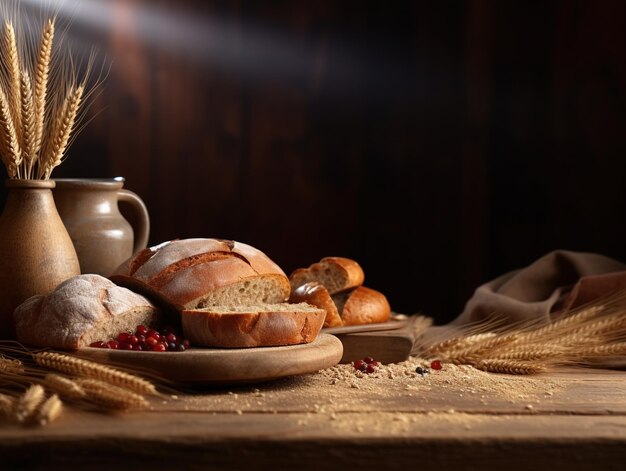 create a wooden table on the table there is old bread and a wooden jar