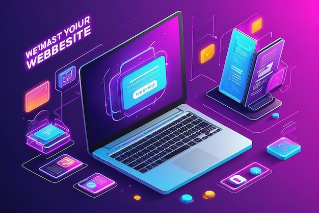 Create your own website flat vector neon illustration for web banner with text and button