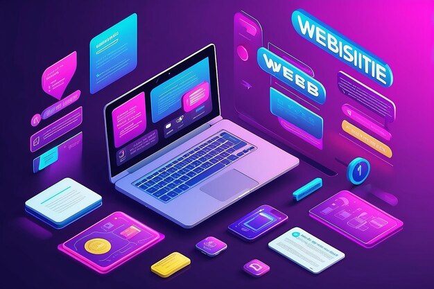 Create your own website flat vector neon illustration for web banner with text and button