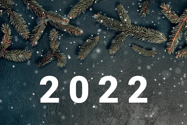 Foto creatief 2022 tekstframe gemaakt van kerstspar takken op donkere achtergrond xmas en nieuwjaar thema f