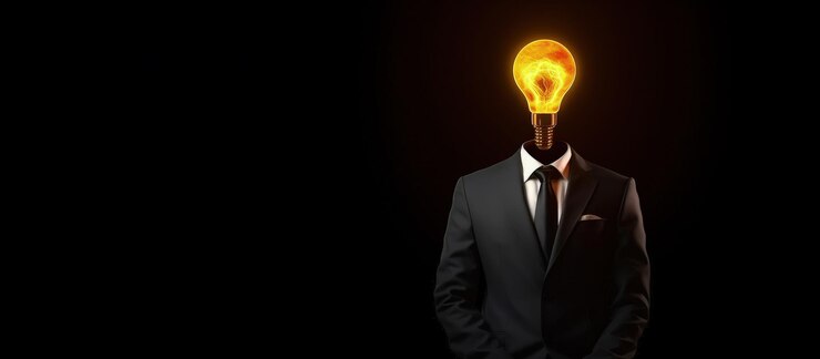 Creatief bedrijfsidee man met zwart pak en gele lampkop kopie ruimte generatieve ai
