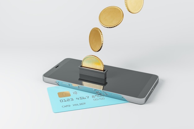 Creatief beeld van smartphone met creditcard en abstracte munten op witte achtergrond Cashback en digitaal bankieren concept 3D Rendering