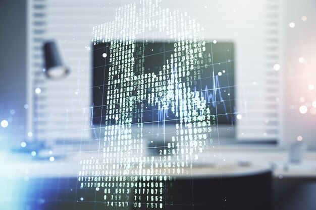 Creatief Bitcoin-concept met moderne laptopachtergrond Multiexposure