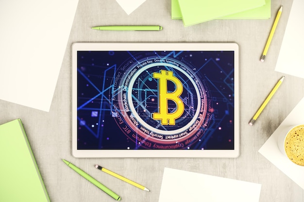 Creatief Bitcoin-concept op modern digitaal tabletscherm Bovenaanzicht 3D-rendering