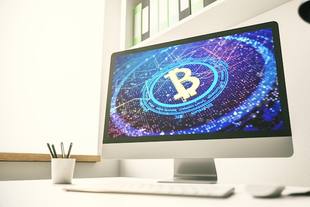 Creatief bitcoin-concept op moderne computermonitor 3d rendering