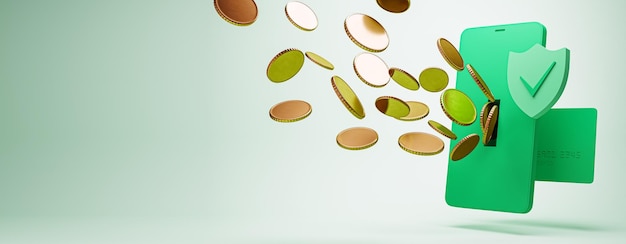 Creatief breed cashback behang met mock up plaats munten mobiele telefoon en bankkaart Geld terug concept 3D Rendering