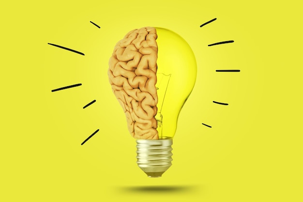 Creatief brein gloeilampje schitterend op heldergele achtergrond concept Denk anders creatief idee Brainstorm