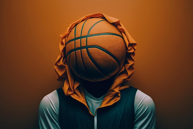 Creatief concept basketbalsport Basketbalbal in plaats van hoofd voor een atleet-speler in hoodie die binnen staat Generatieve ai