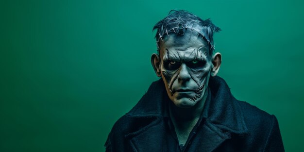 Foto creatief concept frankenstein-geïnspireerde outfit geposeerd tegen een groene achtergrond perfect voor tekst of berichten