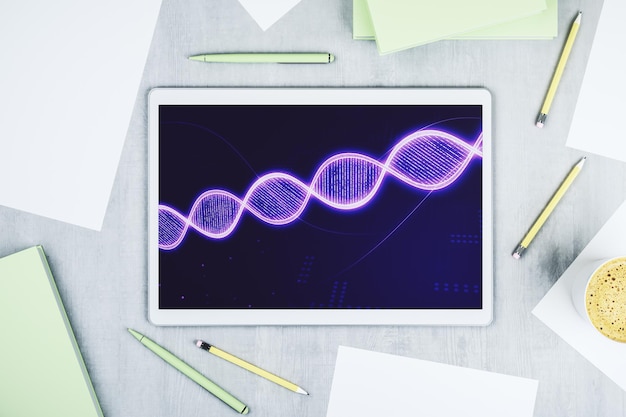 Foto creatief concept met dna-symboolillustratie op het moderne digitale tabletscherm genoomonderzoeksconcept bovenaanzicht 3d-rendering