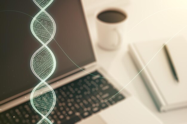 Foto creatief concept met dna-symboolillustratie op moderne laptop achtergrond genome-onderzoeksconcept multi-exposure