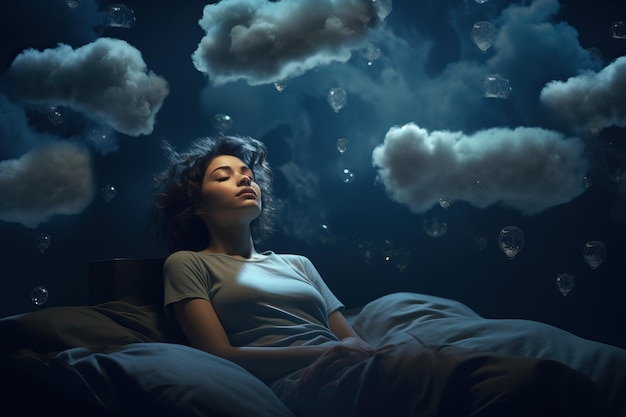 Creatief concept op het thema slaap en dromen Surrealistische foto van een slapende zwevende vrouw